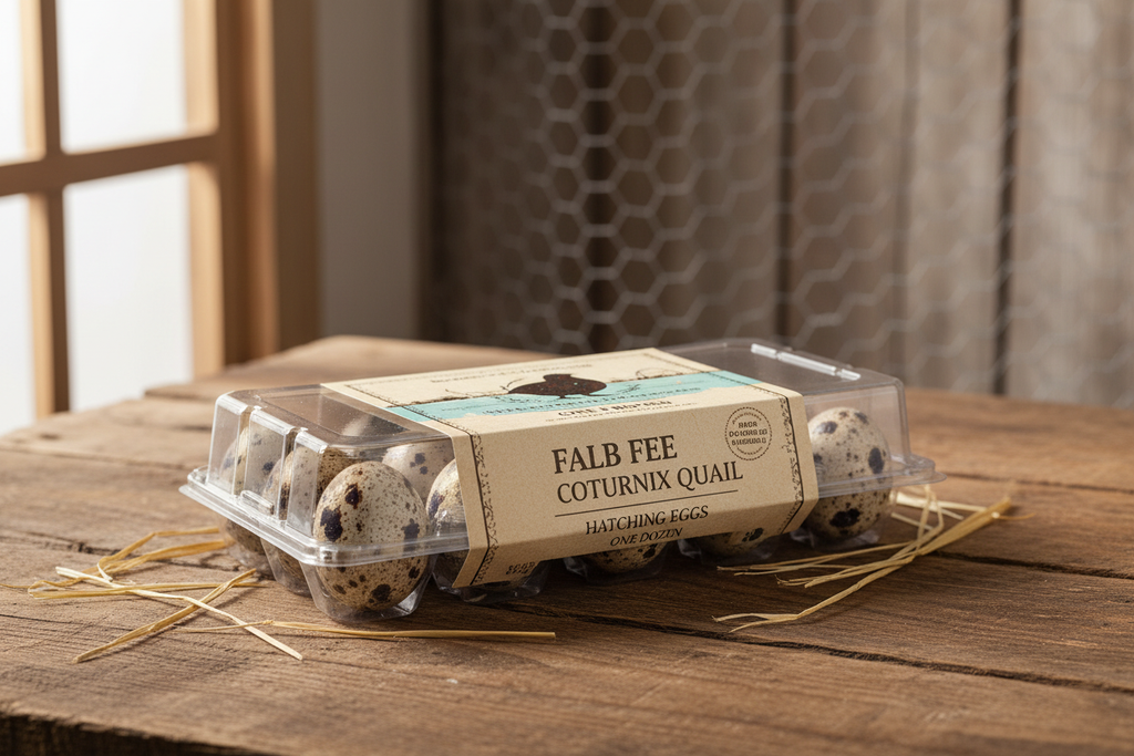 Falb Fee Coturnix Quail Hatching Eggs in rustic farmhouse setting